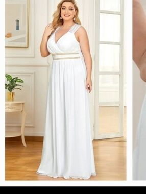 White Empire Waist Maxi Dress with Gold Trim